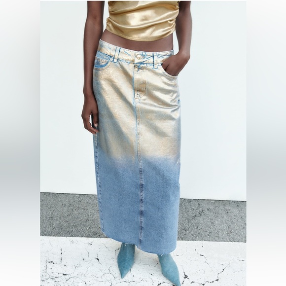 ZARA Z1975 GOLD METALLIC DENIM SKIRT - Picture 2 of 8